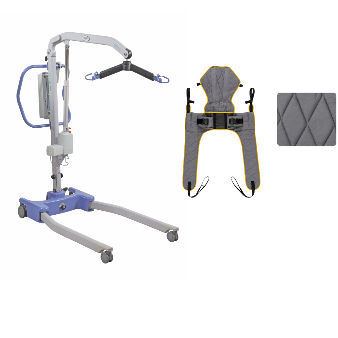 A Joerns Hoyer Advance Professional Electric Patient Lift in gray and purple, accompanied by a padded lift sling with straps and a quilted gray pad, is displayed against a white background, providing a compact patient transfer solution.