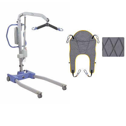 A Joerns Hoyer Advance Professional Electric Patient Lift, featuring a blue and gray frame, a gray sling, and a gray padded accessory, is displayed against a white background to highlight its compact patient transfer capabilities.