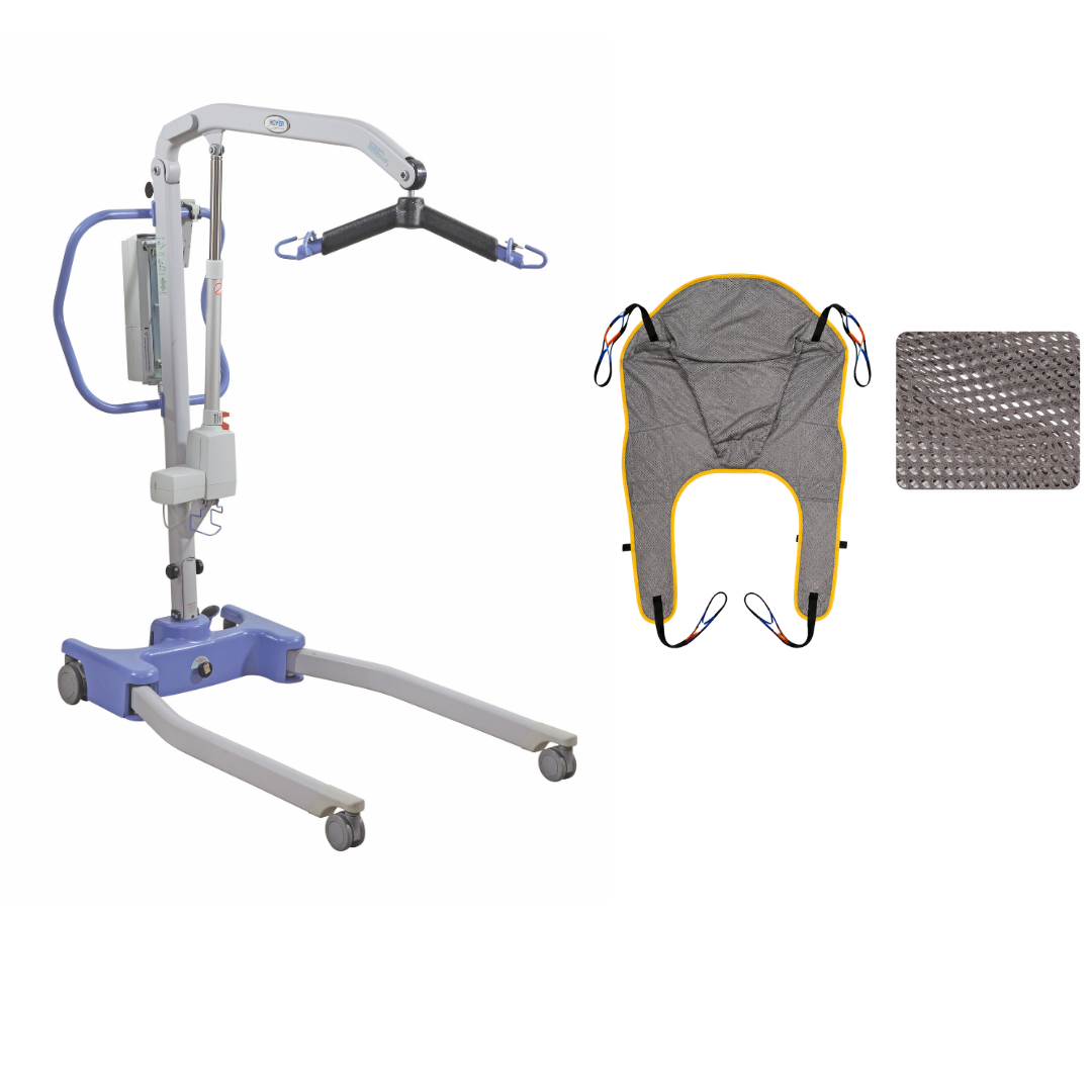 Patient lift with wheeled base on left, gray sling with black and yellow trim at top right, and a textured gray pad at bottom right—all set against a white background—ideal for compact patient transfer scenarios. This setup is compatible with the Joerns Hoyer Advance Professional Electric Patient Lift, offering reliable support and ease of mobility.