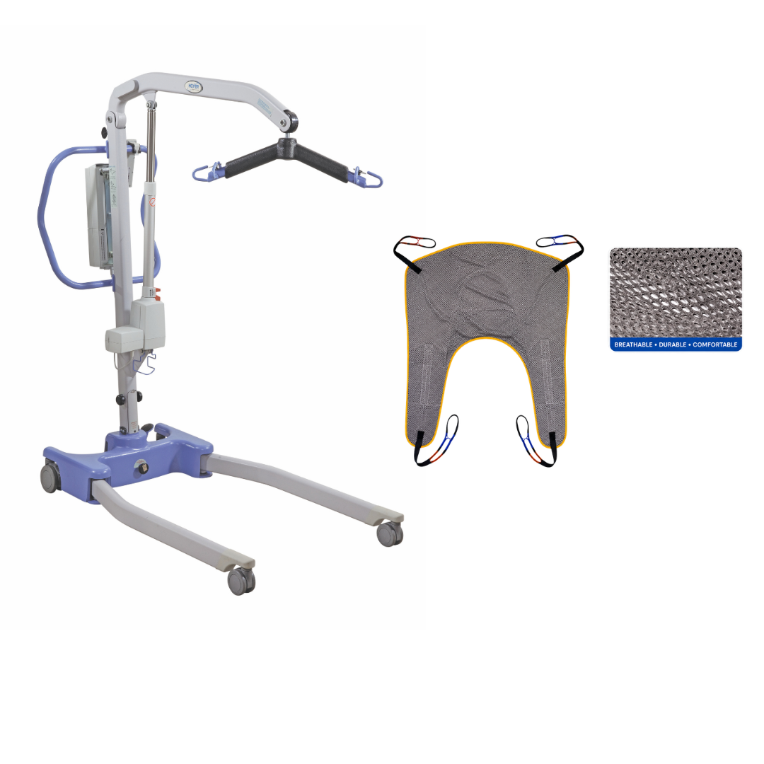The Joerns Hoyer Advance Professional Electric Patient Lift is a compact patient transfer device featuring a blue and gray frame with an attached sling bar. A separate gray mesh lift sling and a mesh fabric sample are shown on the right.