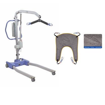 The Joerns Hoyer Advance Professional Electric Patient Lift is a compact patient transfer device featuring a blue and gray frame with an attached sling bar. A separate gray mesh lift sling and a mesh fabric sample are shown on the right.