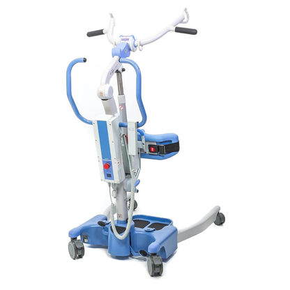 The Joerns Hoyer Journey® Sit-To-Stand Folding Electric Patient Lift features padded handles, a seat, four wheels, and adjustable sling attachments to assist caregivers with safe transfers for individuals with limited mobility.