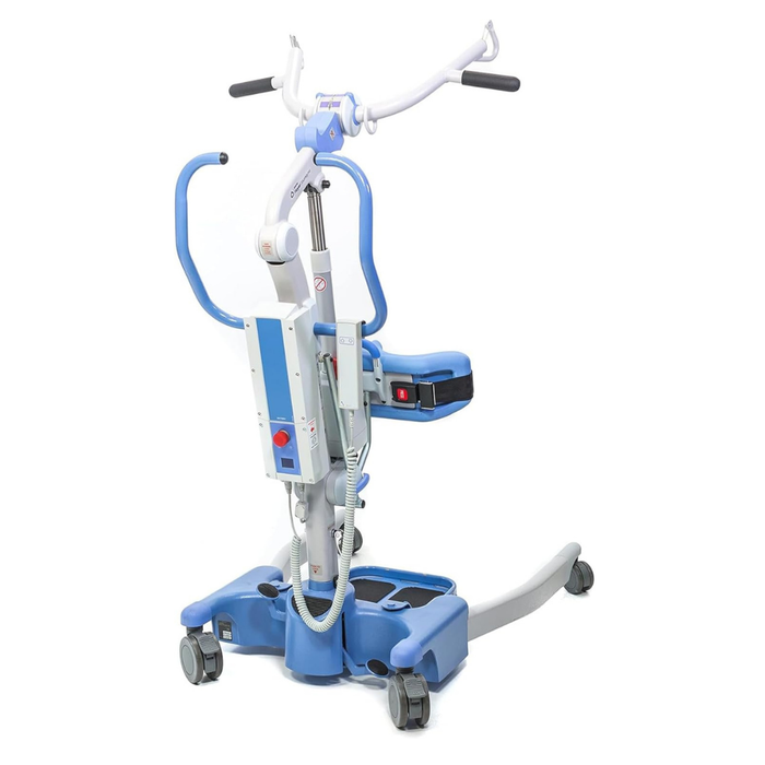 The Joerns Hoyer Journey® Sit-To-Stand Folding Electric Patient Lift features padded handles, a seat, four wheels, and adjustable sling attachments to assist caregivers with safe transfers for individuals with limited mobility.