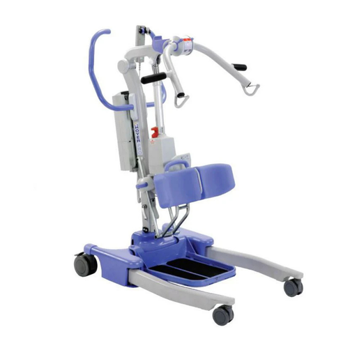 The Joerns Hoyer Journey® Sit-To-Stand Folding Electric Patient Lift is a blue and white lift with padded leg supports, hand grips, casters for mobility, and an adjustable sling attachment for safe standing and transfers.