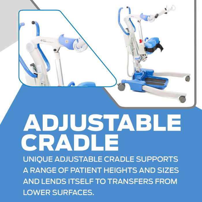 The Joerns Hoyer Journey® Sit-To-Stand Folding Electric Patient Lift is shown, featuring an adjustable cradle and sling to support patient transfers for users of various heights and sizes from lower surfaces.