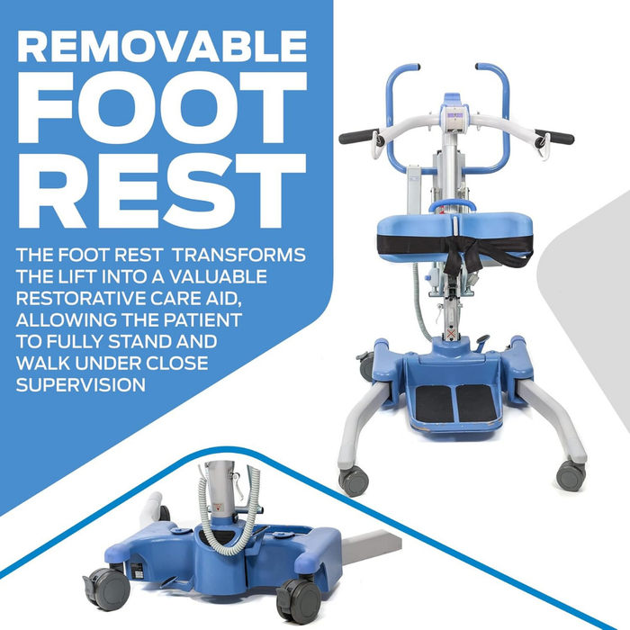 The Joerns Hoyer Journey® Sit-To-Stand Folding Electric Patient Lift, shown from front and side angles, features an adjustable sling cradle and removable foot rest to assist patient mobility and enhance caregiver efficiency.