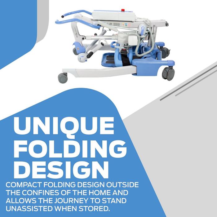 The Joerns Hoyer Journey® Sit-To-Stand Folding Electric Patient Lift features a compact, foldable design for easy storage and portability. Its blue and white color scheme aids caregiver efficiency, enabling users to stand unassisted when stored.