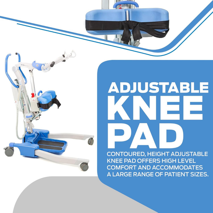 The Joerns Hoyer Journey® Sit-To-Stand Folding Electric Patient Lift is shown in blue and white, featuring a contoured, height-adjustable knee pad and adjustable sling cradle for comfort and caregiver efficiency.