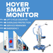 The Joerns Hoyer Journey® Sit-To-Stand Folding Electric Patient Lift is shown with features: lift cycle counter, overload protection, service reminder, and emergency stop. An inset highlights the red emergency button and adjustable sling cradle for caregiver efficiency.