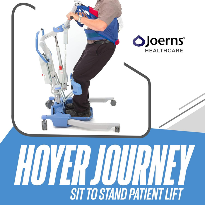 A person uses a Joerns Hoyer Journey® Sit-To-Stand Folding Electric Patient Lift with an adjustable sling. The device supports the person upright. The Joerns Healthcare logo is on the right and text below reads Hoyer Journey Sit to Stand Patient Lift.