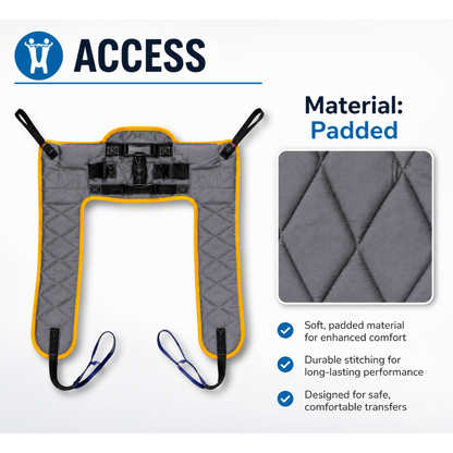 A gray padded lift sling with black straps and yellow trim is shown, emphasizing its comfortable padding, strong stitching, and design for safe transfers—ideal for compact patient moves or use with the Joerns Hoyer Advance Professional Electric Patient Lift. Blue bullet points on the right side highlight key features.