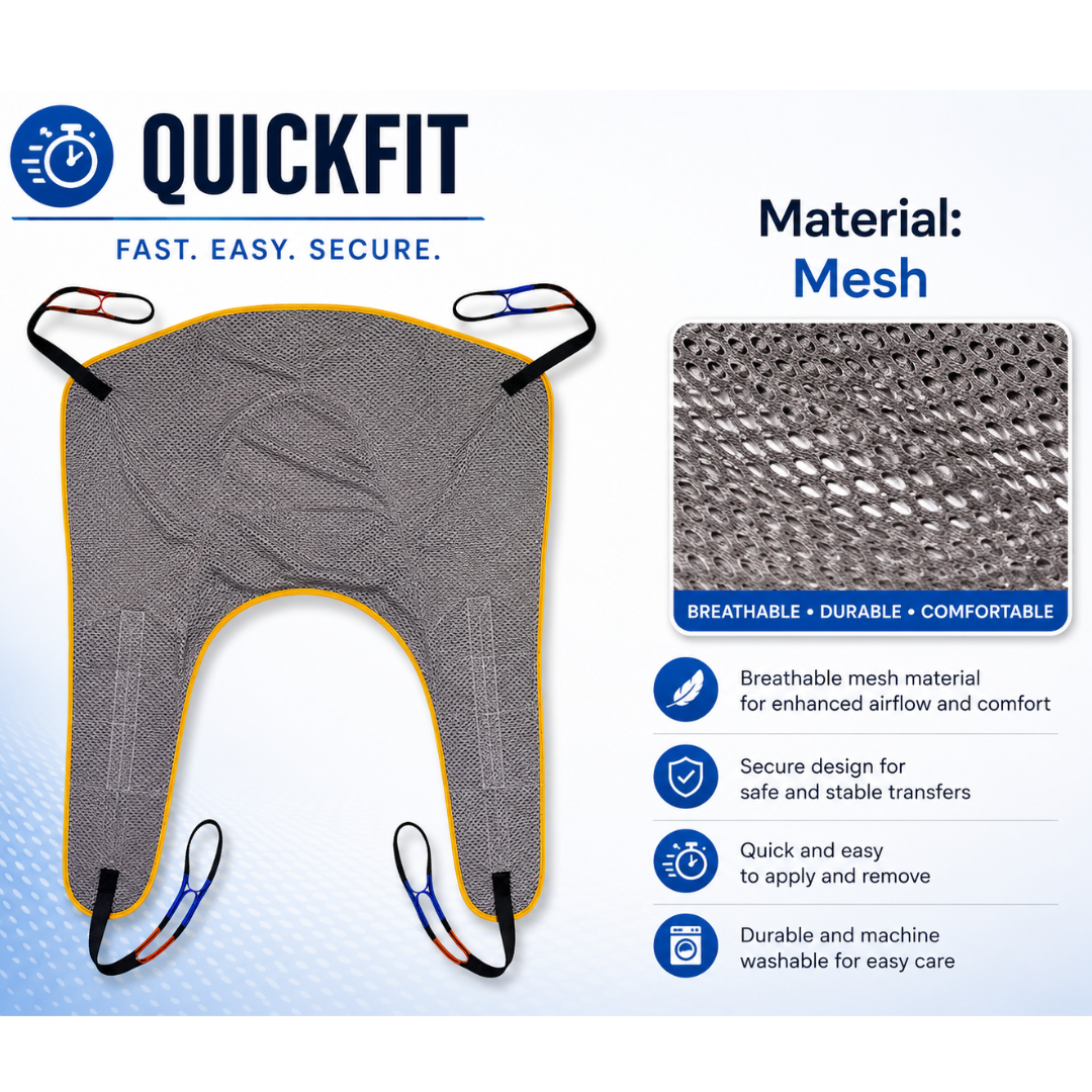 Gray mesh patient lift sling with four straps, labeled QuickFit. Inset shows mesh texture. Ideal for use with the Joerns Hoyer Advance Professional Electric Patient Lift, this sling supports compact patient transfer. Icons highlight features: breathable mesh, secure for transfers, easy to use, durable, and machine-washable.