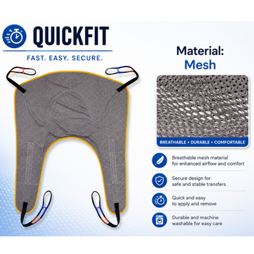 Gray mesh patient lift sling with four straps, labeled QuickFit. Inset shows mesh texture. Ideal for use with the Joerns Hoyer Advance Professional Electric Patient Lift, this sling supports compact patient transfer. Icons highlight features: breathable mesh, secure for transfers, easy to use, durable, and machine-washable.