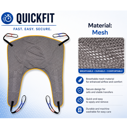 Gray mesh patient lift sling with four straps, labeled QuickFit. Inset shows mesh texture. Ideal for use with the Joerns Hoyer Advance Professional Electric Patient Lift, this sling supports compact patient transfer. Icons highlight features: breathable mesh, secure for transfers, easy to use, durable, and machine-washable.