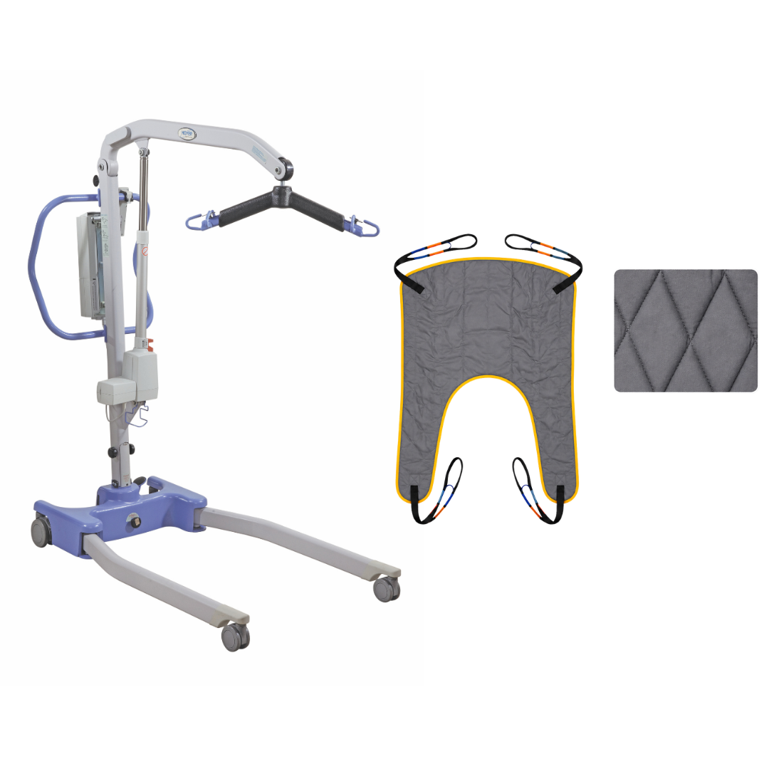 The Joerns Hoyer Advance Professional Electric Patient Lift is a compact mobility solution featuring a silver and blue metal frame on wheels, shown with a gray sling accented by black and yellow trim and a folded, quilted gray pad, all set against a white background. This versatile patient transfer lift provides safe and efficient support for patient mobility in any care setting.