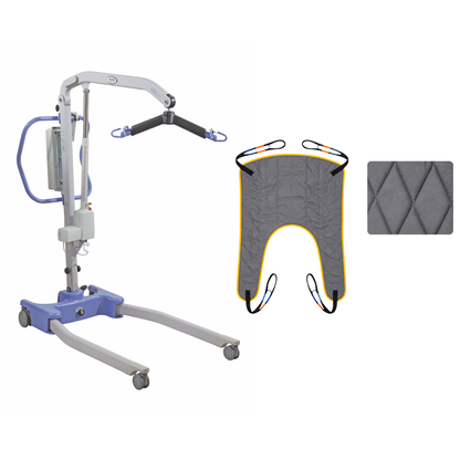 The Joerns Hoyer Advance Professional Electric Patient Lift is a compact mobility solution featuring a silver and blue metal frame on wheels, shown with a gray sling accented by black and yellow trim and a folded, quilted gray pad, all set against a white background. This versatile patient transfer lift provides safe and efficient support for patient mobility in any care setting.