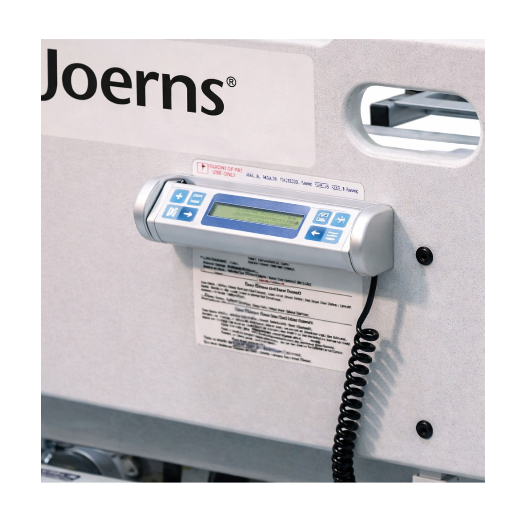 A close-up of Joerns Accessories for RC 1000 Bariatric Bed control panel, with a digital screen, buttons, and coiled cord. The visible Joerns brand highlights quality bariatric safety and essential patient assist trapeze features.