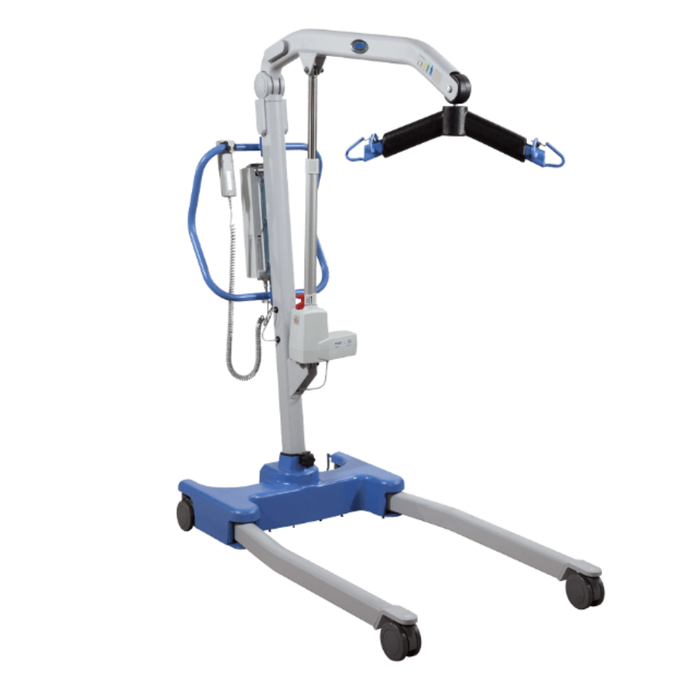 The Joerns Hoyer Presence® Bariatric Electric Patient Lift features a blue and gray frame on four wheels, Smart Monitor technology, a padded sling bar, and control panel—ideal for safe transfers of individuals with limited mobility.