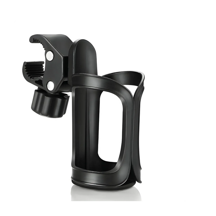 The Journey Universal Bottle & Cup Holder for Mobility Aids is a black, clip-on drink holder with an adjustable clamp for hassle-free attachment, curved handle, and flexible installation. It accommodates various bottle or cup sizes, making it ideal for those on the go.