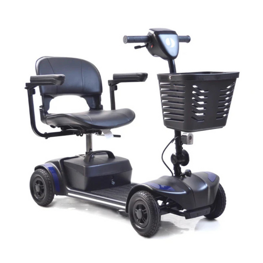 The Journey Adventure Scooter is a lightweight, portable 4-wheel mobility scooter with a black seat, armrests, front basket, steering handlebars, and sleek blue accents.