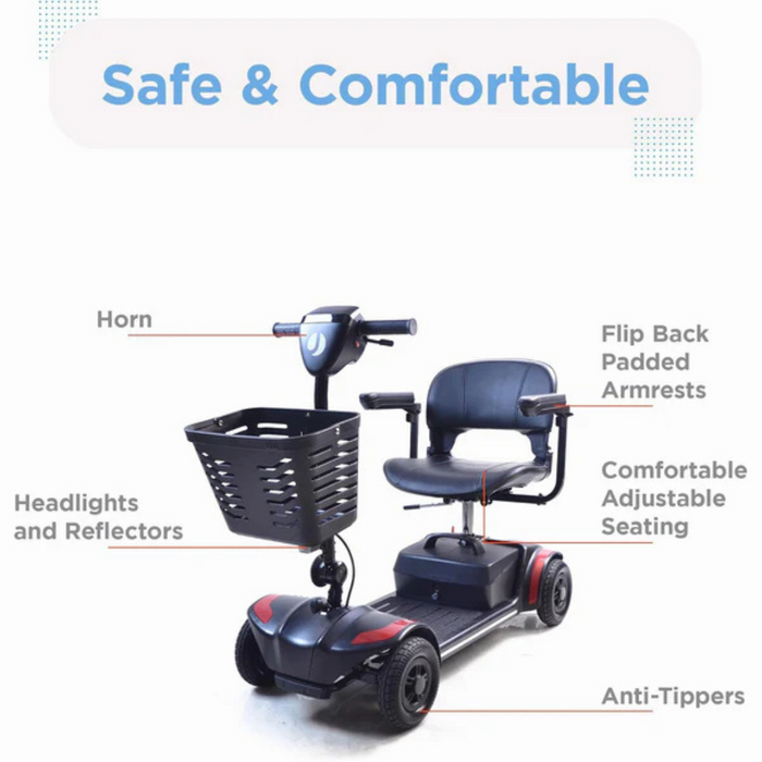 Image showcasing the Journey Adventure Scooter - 4 Wheel Portable Mobility Scooter, highlighting features like a horn, flip-back padded armrests, adjustable seating, headlights, reflectors, and anti-tippers. Safe & Comfortable is prominently displayed above.