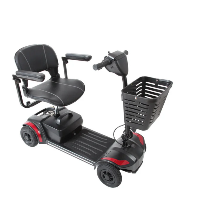 The Journey Adventure Scooter is a 4-wheel, portable mobility scooter in black with red accents. It features a cushioned seat, armrests, intuitive handlebars, a front basket, and a footrest platform for comfort and ease.