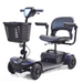 The Journey Adventure Scooter is a lightweight, portable, 4-wheel mobility scooter with a padded seat, armrests, and front basket. It features easy transport and accessibility along with a sleek black and dark blue color scheme for stability on the go.