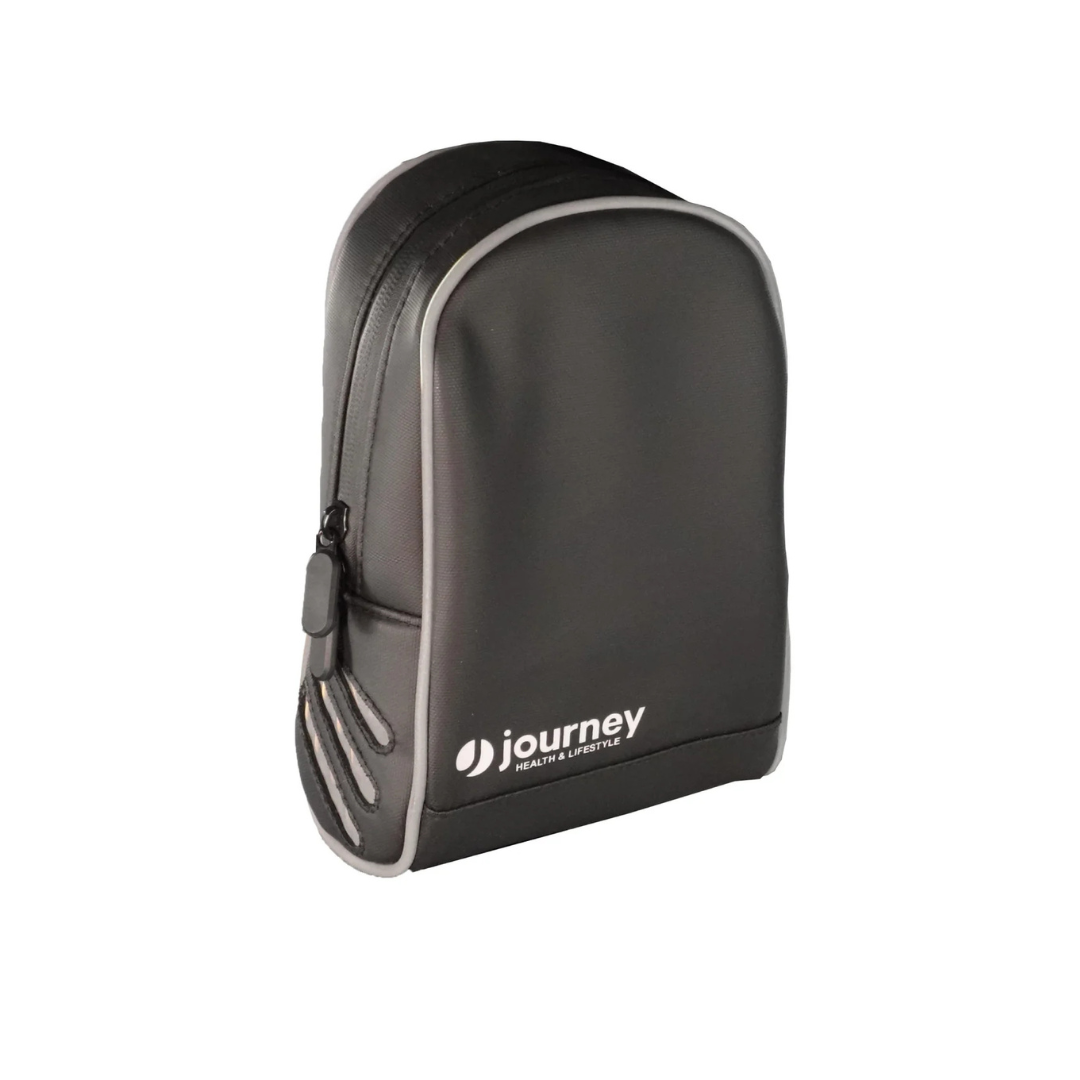 A black zippered case with the Journey Health & Lifestyle logo in white, made for transporting your Journey Air Elite Max Ultralite Carbon Fiber Travel Powerchair, shown upright against a white background.