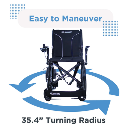 A black Journey Air Elite Max Ultralite Carbon Fiber Travel Powerchair faces forward with blue arrows circling it. Above, “Easy to Maneuver” is displayed; below, “35.4” Turning Radius.” Blue dotted graphics accent the corners.