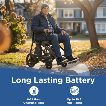 A smiling man enjoys a sunny ride in the Journey Air Elite Max Ultralite Carbon Fiber Travel Powerchair on a suburban sidewalk. Text below reads: Long-lasting battery—charges in 8-12 hours for up to 19.8 miles of range.