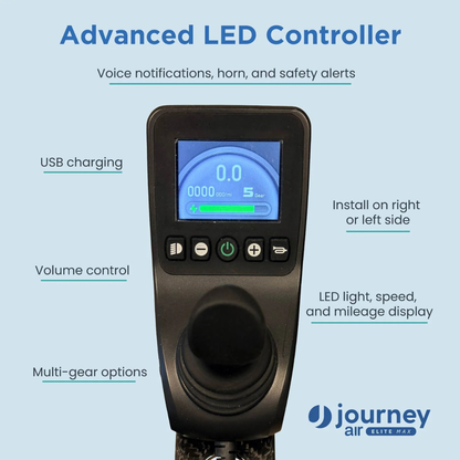A close-up of the advanced LED controller on the Journey Air Elite Max Ultralite Carbon Fiber Travel Powerchair shows a screen with speed and mileage, plus labeled USB charging, volume control, multi-gear options, and alert/installation functions.