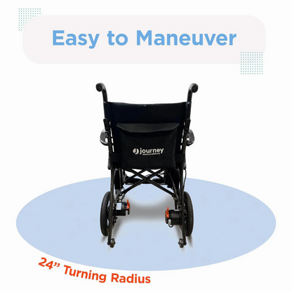 The Journey Air Elite Folding Carbon Fiber Powerchair is a 29 lb black chair with red accents, designed for easy maneuverability with a 24” turning radius. It features joystick control, large rear wheels, and small front wheels for travel convenience. Text reads Easy to Maneuver.