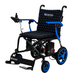 The Journey Air Elite Folding Lightweight Powerchair features a black seat with blue accents, joystick control on the armrest, advanced indoor navigation, and blue wheels. It includes a small storage space and weighs just 29 lbs. The Journey logo is elegantly printed on the backrest.