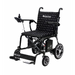 The Journey Air Elite Folding Lightweight Powerchair, weighing just 29 lbs, has a sleek black frame and cushioned seat. Its designed for easy indoor navigation with armrest joystick control, sturdy wheels, footrests, and Journey showcased on the seat back and footrests.