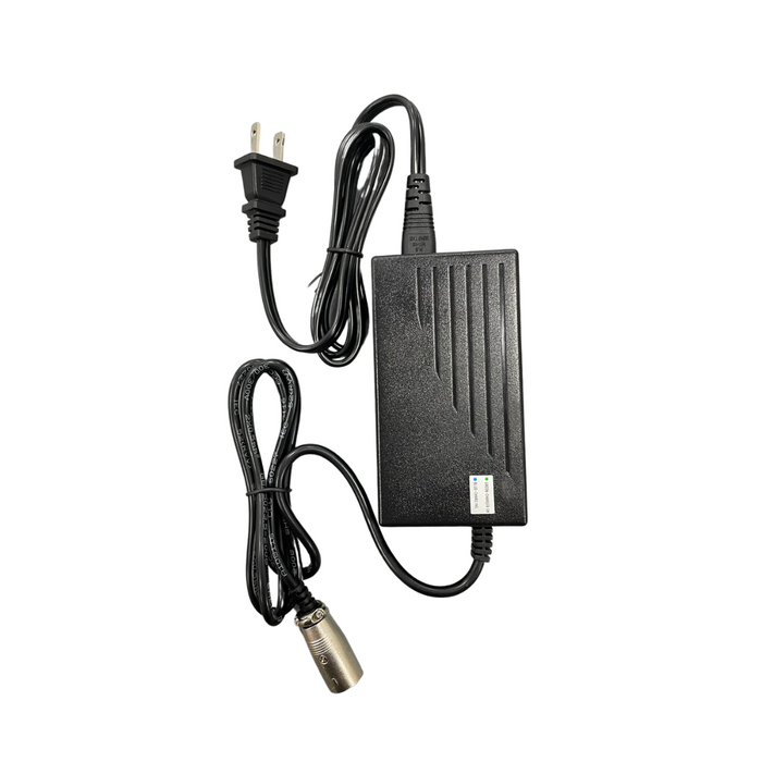 The Journey Air Elite Powerchair Parts & Accessories include a black power adapter with a two-prong plug and a cylindrical connector. It has a textured surface with diagonal grooves and an attached black cable, making it an ideal replacement part for electric wheelchairs.