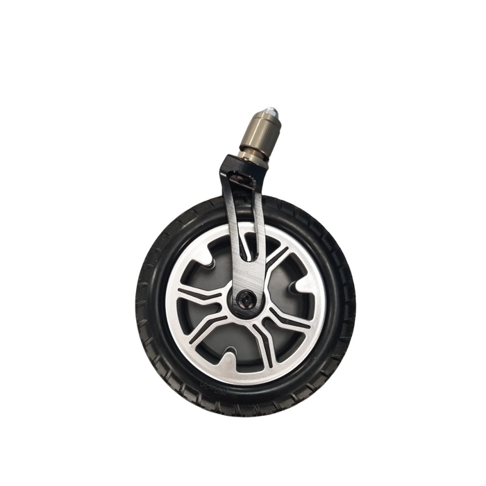 A close-up image highlights the sleek silver and black caster wheel from Journey Air Elite Powerchair Parts & Accessories. This modern design, ideal for electric wheelchair accessories or replacement parts, features a round, smooth tire against a plain white background.