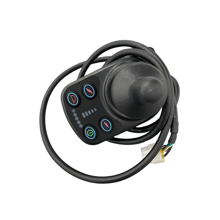 Close-up of a black joystick control module with attached cable for the Journey Air Elite Powerchair. It features circular buttons with icons, LED indicators, a central joystick, and various connectors and wires as part of replacement accessories.