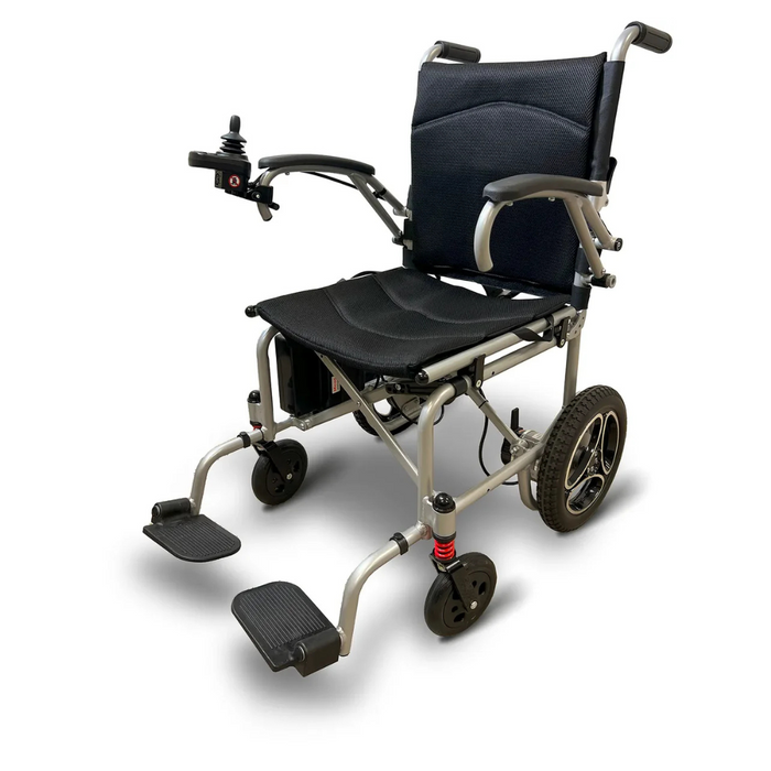 The Journey Air Lightweight Folding Powerchair, weighing just 37 lbs, boasts a black cushioned seat and backrest, joystick-controlled right armrests, sturdy frame, footrests, and large rear wheels for mobility. Its lightweight design ensures effortless transport and convenience.