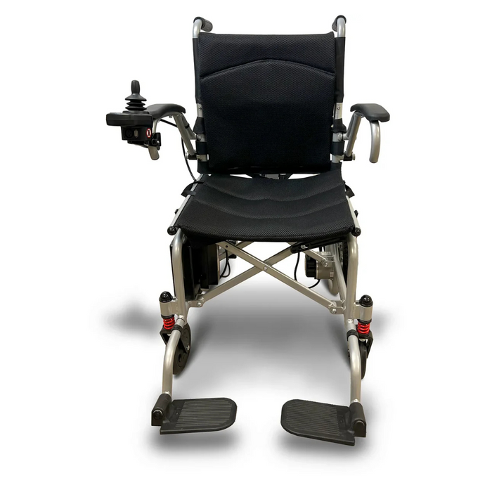 The Journey Air Lightweight Folding Powerchair weighs just 37 lbs. It has a black seat and backrest, metallic frame, dual-drive system for better maneuverability, small wheels, and includes armrests along with left-arm joystick controls.