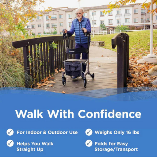 An elderly person uses the Journey UPWalker® EZ Lite Rollator on a wooden footbridge. This 16 lbs walker enhances balance, offers indoor/outdoor use, walking support, and easy storage/transport. Text reads Walk With Confidence.