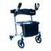 The Journey UPWalker® EZ Lite Rollator, depicted in black and silver, features a lightweight design with four wheels, handlebars with brakes, a padded seat, and a storage bag beneath. It enhances mobility and support for users.