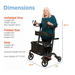 An older adult maintains an upright posture using the Journey UPWalker® Lite Upright Rolling Walker, a lightweight 15 lbs mobility aid. Its specifications are unfolded (29 L, 24.8 W, 43.5 H), folded (29 L, 8.5 W, 29 H), with a seat of (18 W x 10 D), and fits users from 47.