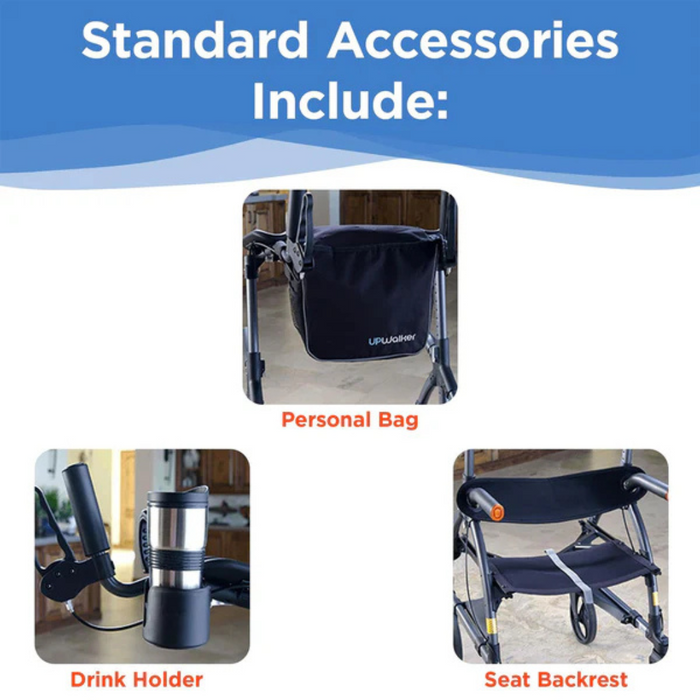 The image shows standard accessories for the Journey UPWalker® Lite Upright Rolling Walker Rollator, a cutting-edge mobility aid weighing only 15 lbs, including a personal bag, drink holder, and seat backrest to support enhanced upright posture.