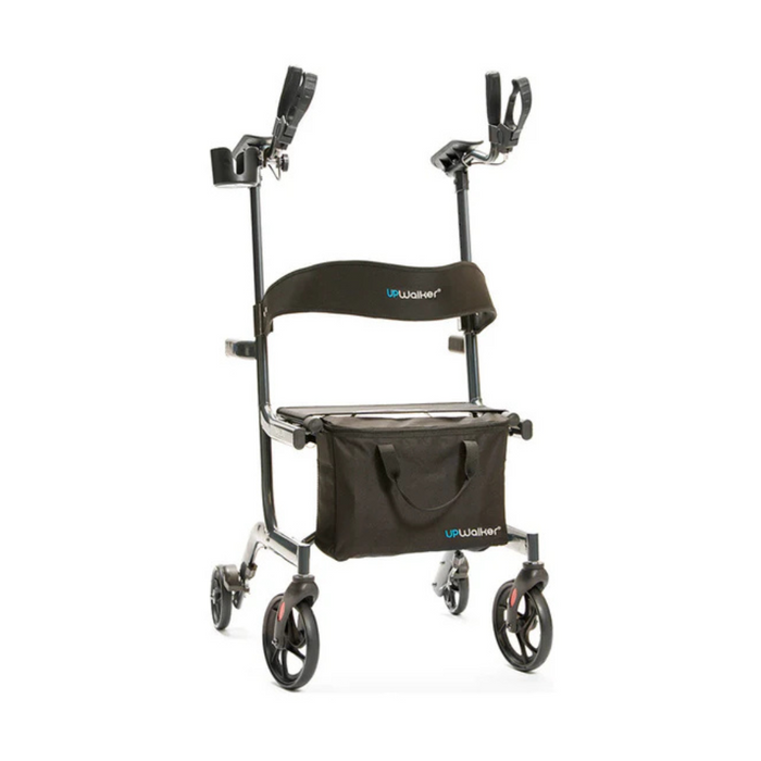 The Journey UPWalker® Lite Upright Rolling Walker Rollator is a 15-lb mobility solution with a black and silver design, arm supports, and a padded seat. It promotes upright posture with four wheels and includes a storage pouch featuring the UPWalker logo.