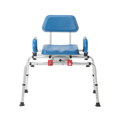 The Journey SoftSecure Rotating Shower Transfer Bench features a blue and silver adjustable design with armrests, a supportive backrest, wide stable legs, and smooth rotation for safe, comfortable tub entry for those with mobility challenges.