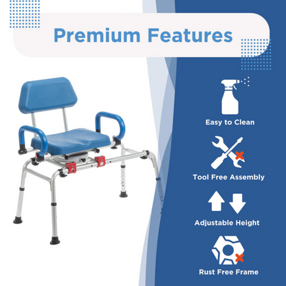 The Journey SoftSecure Rotating Shower Transfer Bench in blue and silver features arms, backrest, tool-free assembly, adjustable height, rust-free frame, easy tub entry, and Microban antimicrobial protection. Premium features are shown with icons on a blue background.