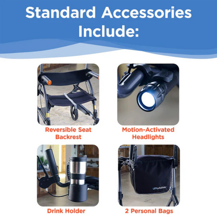 Standard accessories image showcases a reversible seat cushion, motion-activated headlights, drink holder, and two personal bags, ideal for those needing upright walking support with the Journey UPWalker® Original Upright Rolling Walker Rollator—perfect for mobility-challenged individuals.