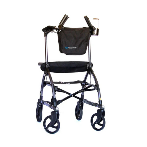 The Journey UPWalker® Original Upright Rolling Walker Rollator in black offers upright walking support with four wheels, hand brakes, front storage pouch, and a right-side cup holder.