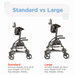 Comparison image of two Journey UPWalker® Original rollators labeled Standard and Large for mobility-challenged users, showing side profiles with specifications for armrest and user height, and max weight. Standard fits 47-510, max 300 lbs; Large fits 410-60, max 375 lbs.