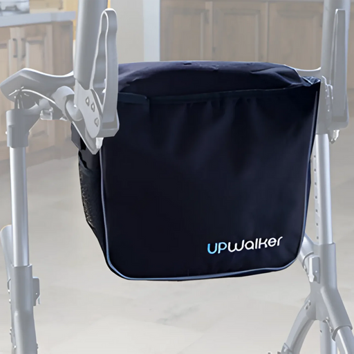 The Journey UPWalker Parts & Accessories features a luxurious dark blue personal bag displaying the name UPWalker in elegant blue and white text, set against a blurred kitchen background that highlights its stylish design.